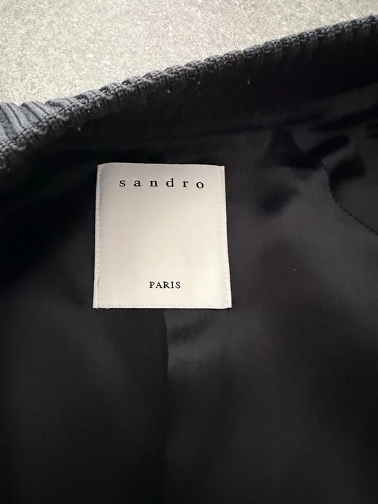 Sandro Navy Bomber Jacket with Red and Cream Striped Sleeves - Picture 8 of 8